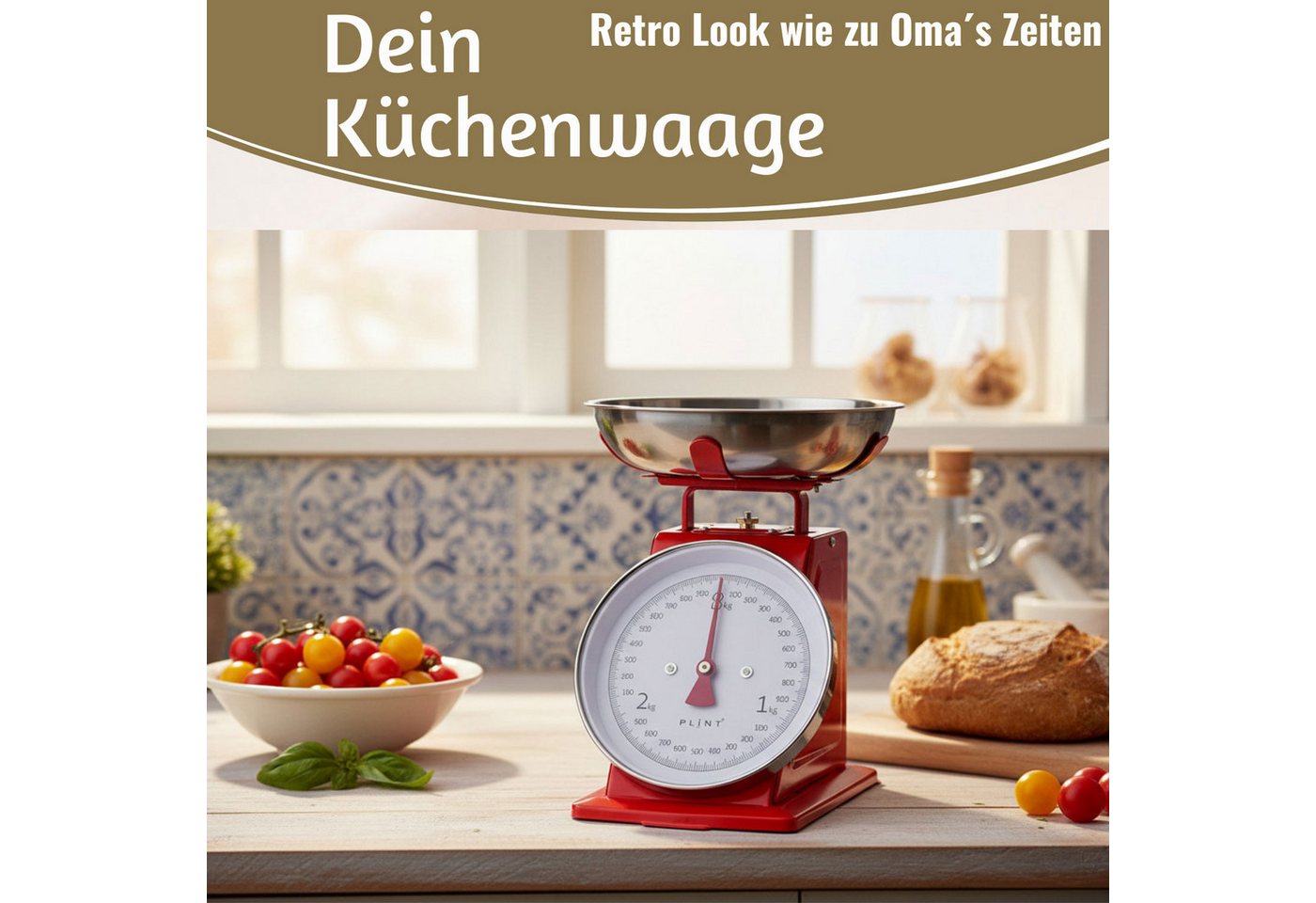 LS-LebenStil Küchenwaage Vintage Küchenwaage Retro Rot Manuelle Backwaage großes Ziffernblatt, (Manuelle Analoge Backwaage großes Ziffernblatt, 2-tlg., mit 1L Edelstahl Schüssel ohne Batterie / Strom Küche Waage), 3kg Skala mit großer Rührschüssel Bild 5