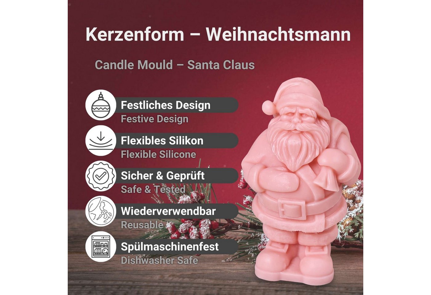 DistrEbution Silikonform Weihnachten, Kerzenform, Gießform aus Silikon, wiederverwendbare Form für Weihnachtskerzen