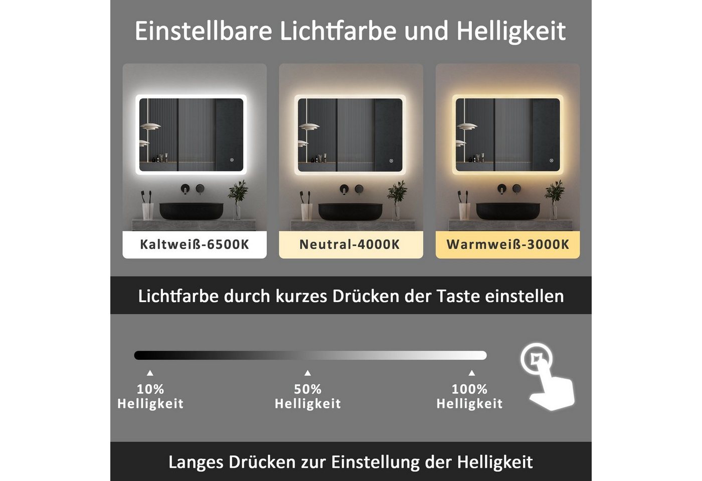 WDWRITTI Badspiegel Wandspiegel Led 3 Lichtfarben Helligkeit dimmbar Touch (Badezimmerspiegel,Spiegel led,Lichtspiegel, 60x40/40x60cm), Memory-Funktion,energiesparender,IP44 Bild 3