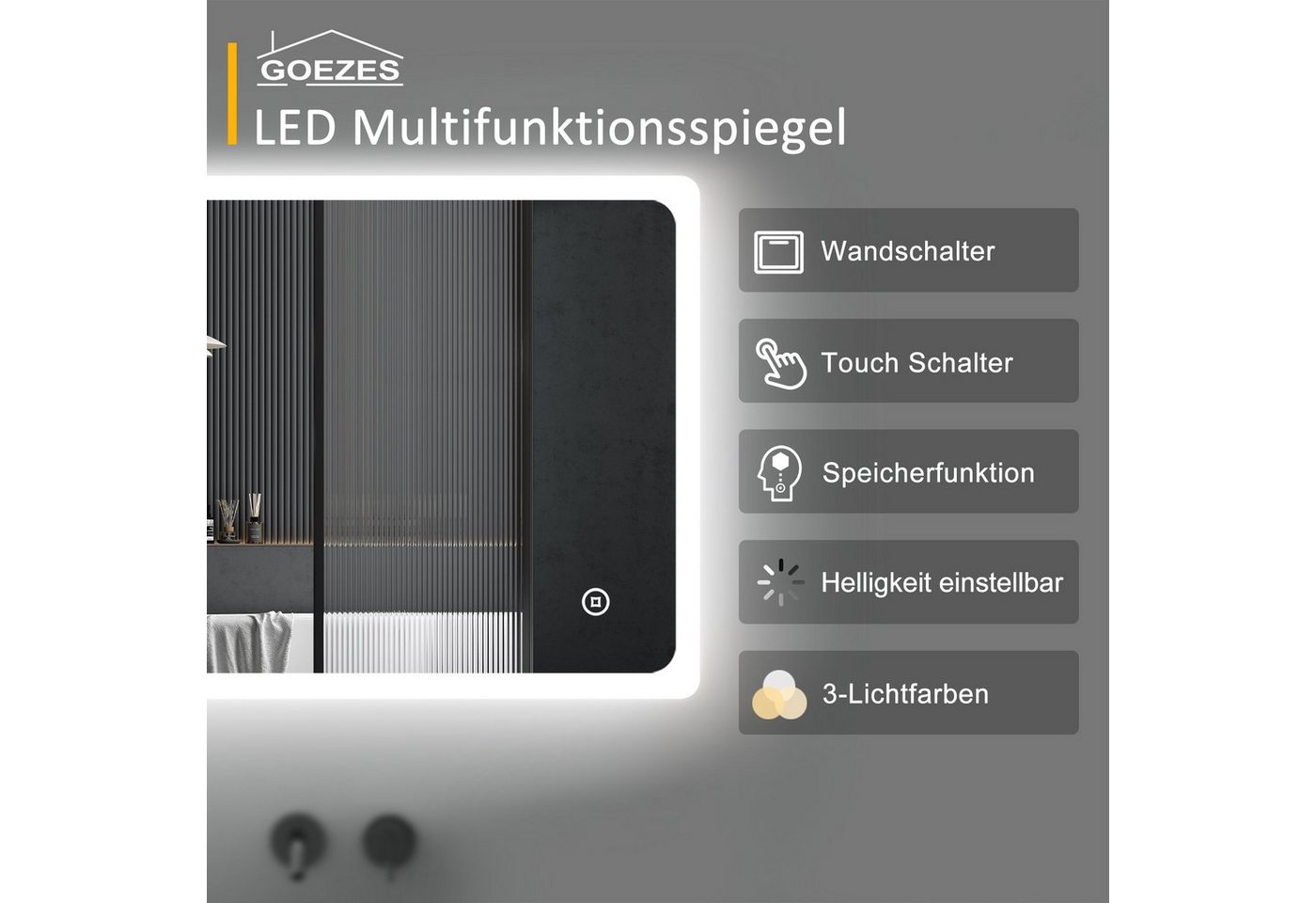 WDWRITTI Badspiegel Wandspiegel Led 3 Lichtfarben Helligkeit dimmbar Touch (Badezimmerspiegel,Spiegel led,Lichtspiegel, 60x40/40x60cm), Memory-Funktion,energiesparender,IP44 Bild 4
