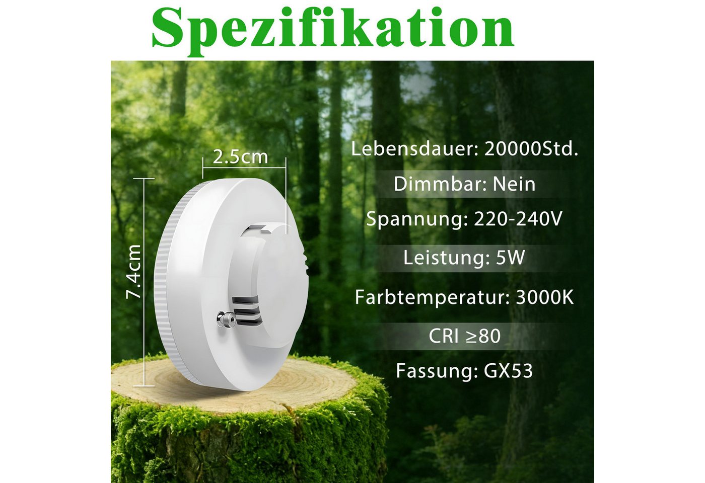 ZMH LED-Leuchtmittel GX53 Leuchtmittel :74x25mm Ultra Flach Warmweiß 3000K Blinkfrei 5W, GX53, 2 St., warmweiß, Lampe Birne Ersetzt 50W Halogen Unterbauleuchte 230V Nicht Dimmbar