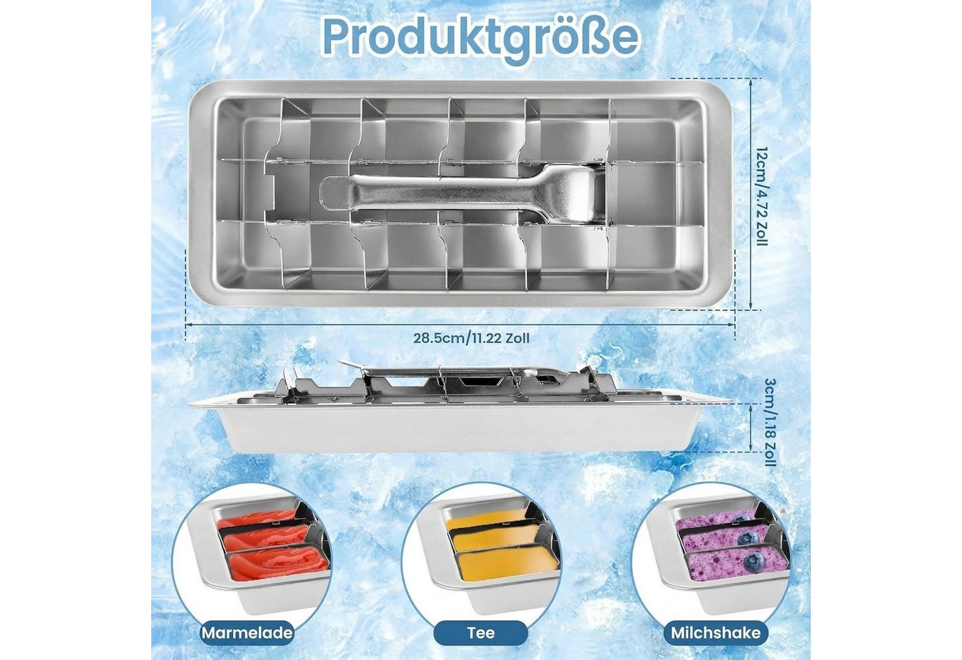 FELIXLEO Eiswürfelform Eiswürfelform Edelstahl 18 Fächer Metall Eiswürfelbehälter Henkel, (2-tlg)