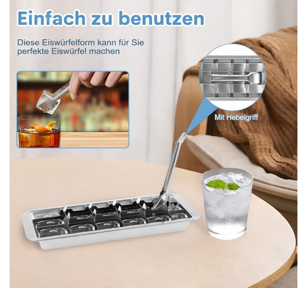 FELIXLEO Eiswürfelform Eiswürfelform Edelstahl 18 Fächer Metall Eiswürfelbehälter Henkel, (2-tlg) Bild 4