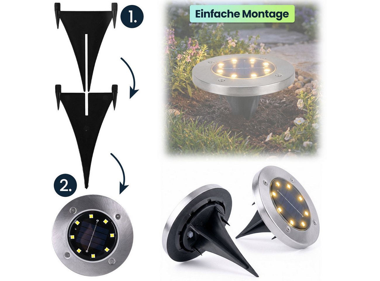 Casativo Gartenstrahler Solar-Bodenstrahler 200lm IP44 Erdspieß Garten-Außenleuchte Ø 11,5cm, LED fest integriert, 8-LEDs je Strahler, Wegleuchte, Dämmerungssensor & 6-8h Leuchtdauer Bild 2