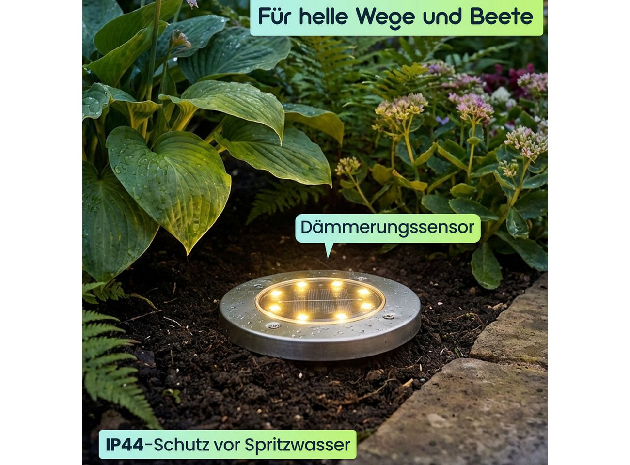 Casativo Gartenstrahler Solar-Bodenstrahler 200lm IP44 Erdspieß Garten-Außenleuchte Ø 11,5cm, LED fest integriert, 8-LEDs je Strahler, Wegleuchte, Dämmerungssensor & 6-8h Leuchtdauer Bild 4