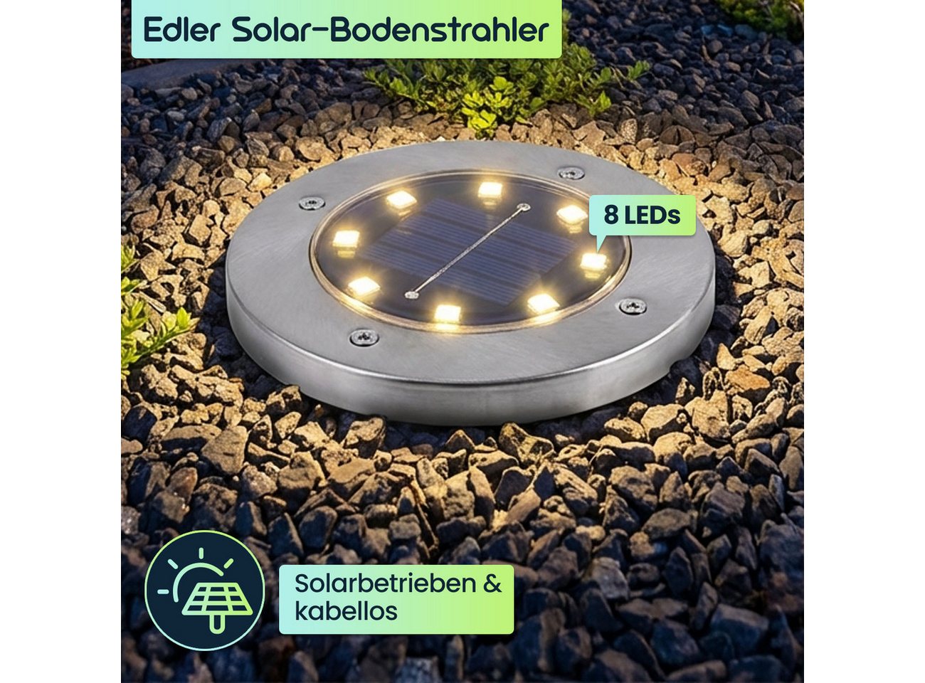 Casativo Gartenstrahler Solar-Bodenstrahler 200lm IP44 Erdspieß Garten-Außenleuchte Ø 11,5cm, LED fest integriert, 8-LEDs je Strahler, Wegleuchte, Dämmerungssensor & 6-8h Leuchtdauer Bild 5