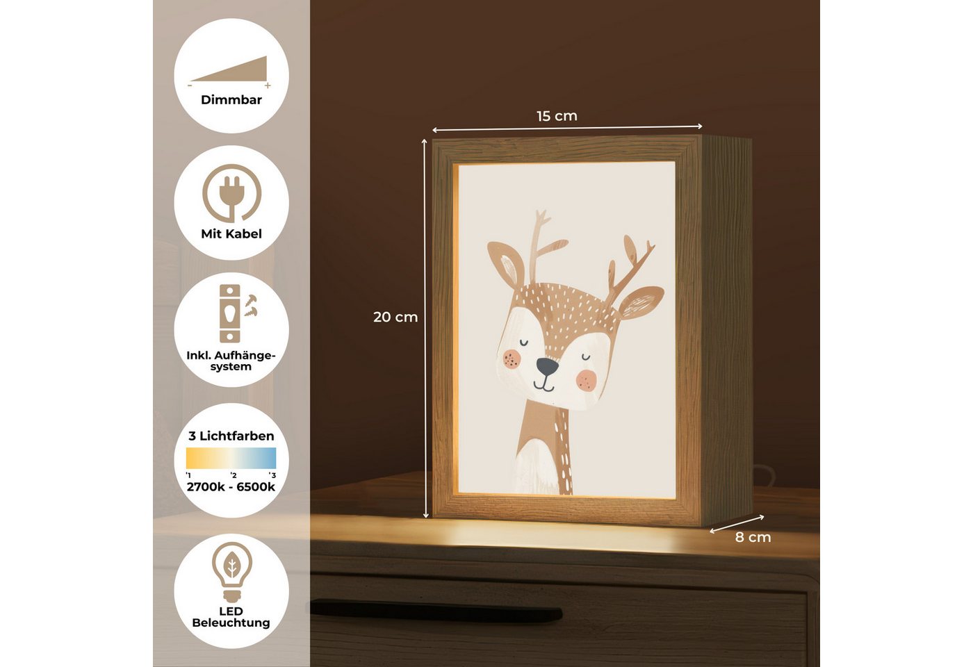 OnlyWow Nachttischlampe Lightbox Hirsche - Waldtiere - Beige - Mädchen, Dimmbar, Farbwechsel, LED, Warmweiß, Kaltweiß, Neutralweiß Einstellbar, Kinderzimmer, Babyzimmer, Dimmbar, mit Kabel, Nachtlampe, LED