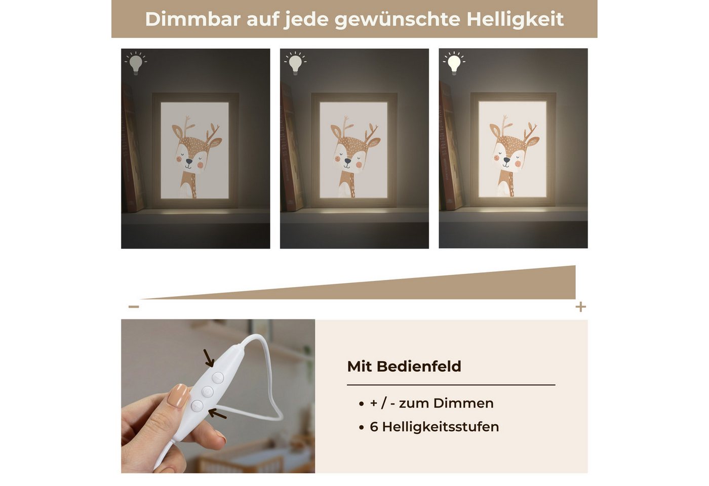 OnlyWow Nachttischlampe Lightbox Hirsche - Waldtiere - Beige - Mädchen, Dimmbar, Farbwechsel, LED, Warmweiß, Kaltweiß, Neutralweiß Einstellbar, Kinderzimmer, Babyzimmer, Dimmbar, mit Kabel, Nachtlampe, LED Bild 2