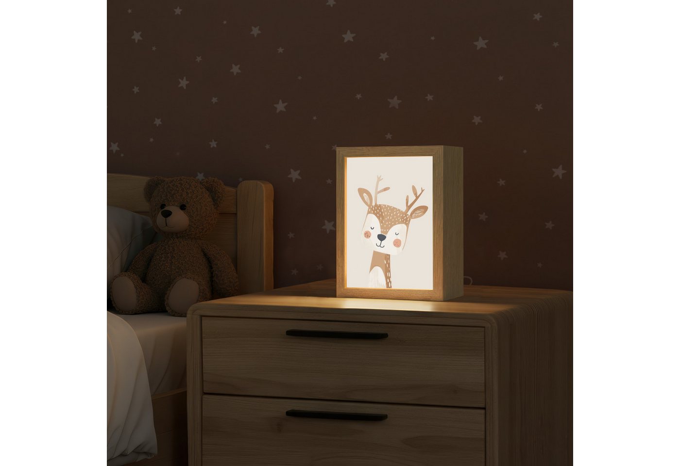 OnlyWow Nachttischlampe Lightbox Hirsche - Waldtiere - Beige - Mädchen, Dimmbar, Farbwechsel, LED, Warmweiß, Kaltweiß, Neutralweiß Einstellbar, Kinderzimmer, Babyzimmer, Dimmbar, mit Kabel, Nachtlampe, LED Bild 3