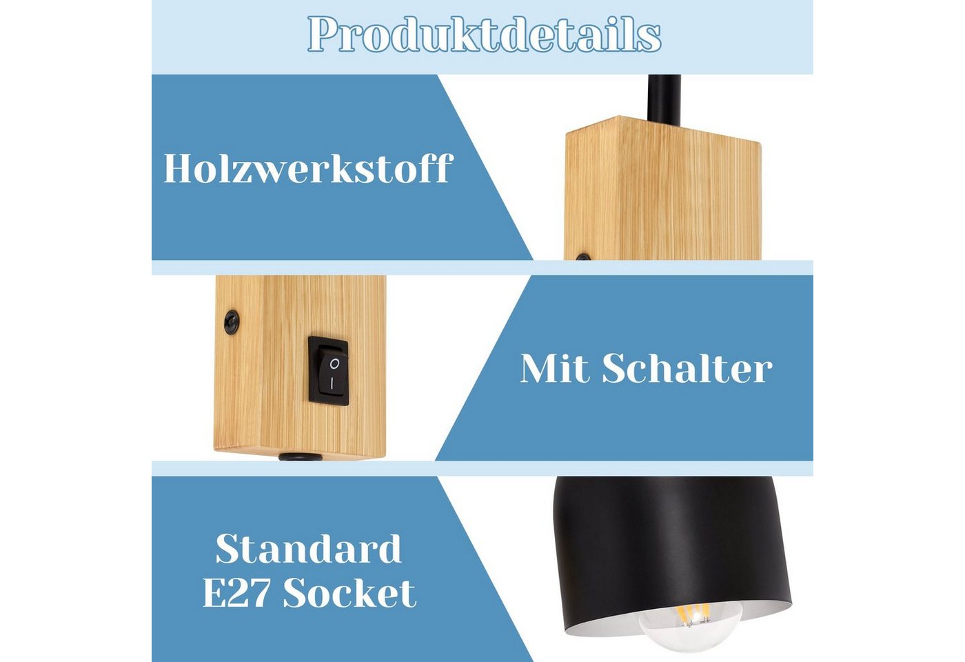 ZMH Wandleuchte Holz Vintage E27 Wandlampe 330° drehbar mit Schalter Flur Schlafzimmer, ohne Leuchtmittel