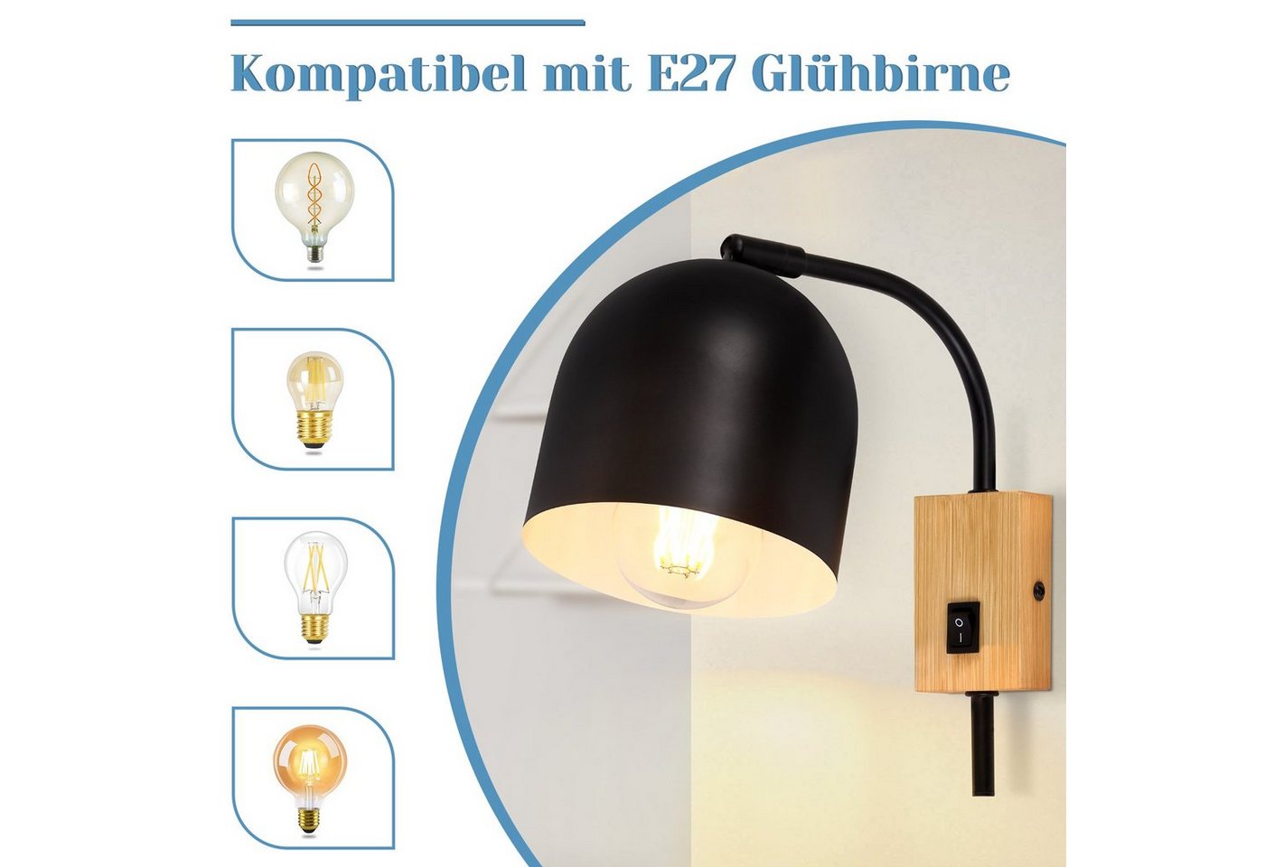 ZMH Wandleuchte Holz Vintage E27 Wandlampe 330° drehbar mit Schalter Flur Schlafzimmer, ohne Leuchtmittel Bild 3