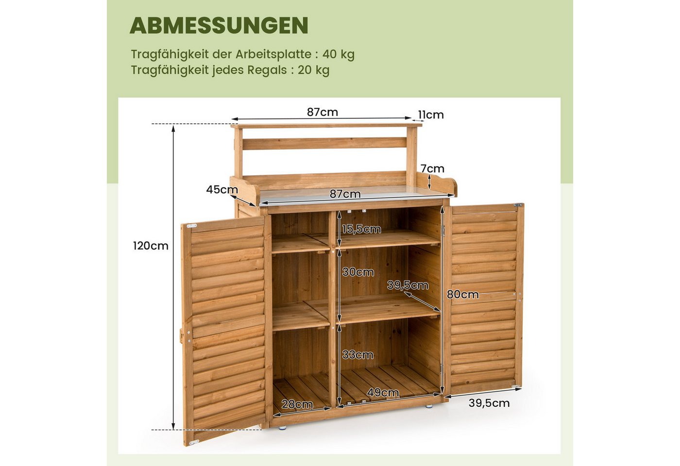 KOMFOTTEU Pflanztisch Gartenschrank, Gartentisch mit Unterschrank, 87 x 45 x 120 cm Bild 4