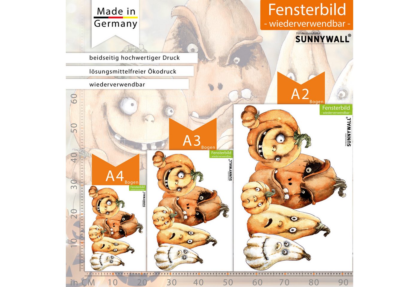 Sunnywall Fensterbild Fensterbild wiederverwendbare Fensterbilder Halloween Kürbisse, wiederverwendbar, statisch haftend, beidseitiger Druck