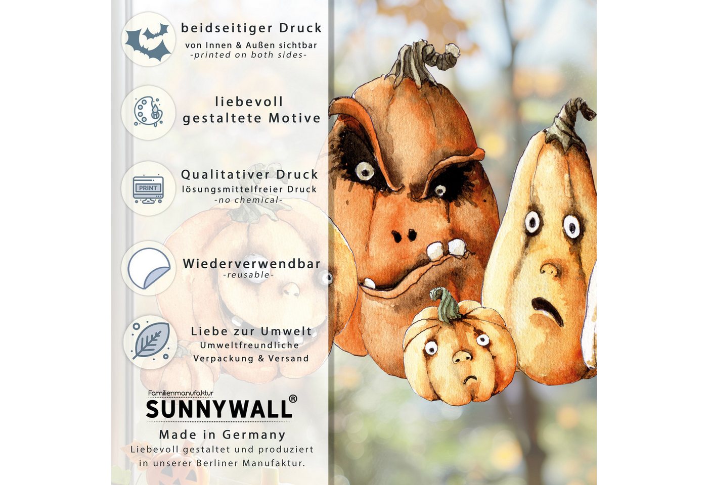 Sunnywall Fensterbild Fensterbild wiederverwendbare Fensterbilder Halloween Kürbisse, wiederverwendbar, statisch haftend, beidseitiger Druck Bild 2