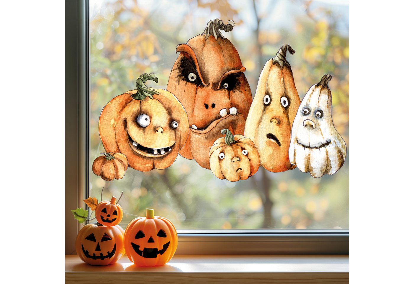 Sunnywall Fensterbild Fensterbild wiederverwendbare Fensterbilder Halloween Kürbisse, wiederverwendbar, statisch haftend, beidseitiger Druck Bild 4