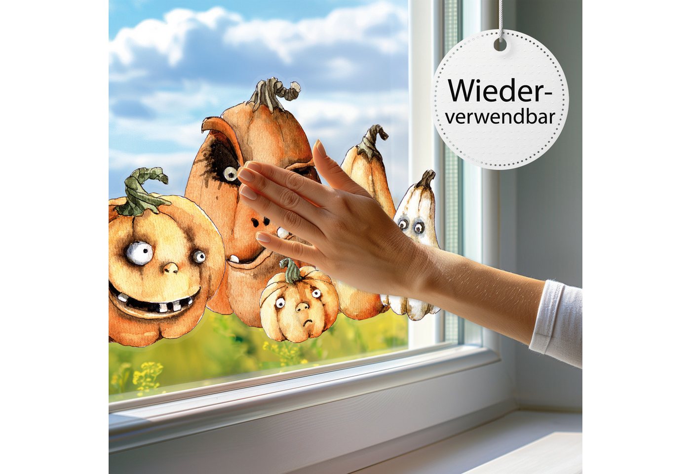 Sunnywall Fensterbild Fensterbild wiederverwendbare Fensterbilder Halloween Kürbisse, wiederverwendbar, statisch haftend, beidseitiger Druck Bild 5