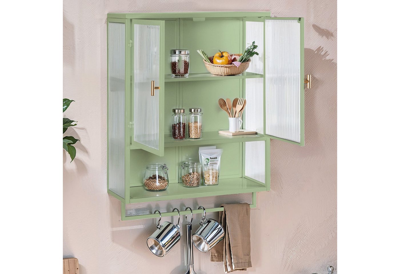 Celya Wandhängeschrank 60 cm Glas-Türen Moderner zweitüriger Wandschrank, für Flur, Wohnzimmer, Badezimmer, Esszimmer, mit zwei geschlossenen Ablagefächern, Grün