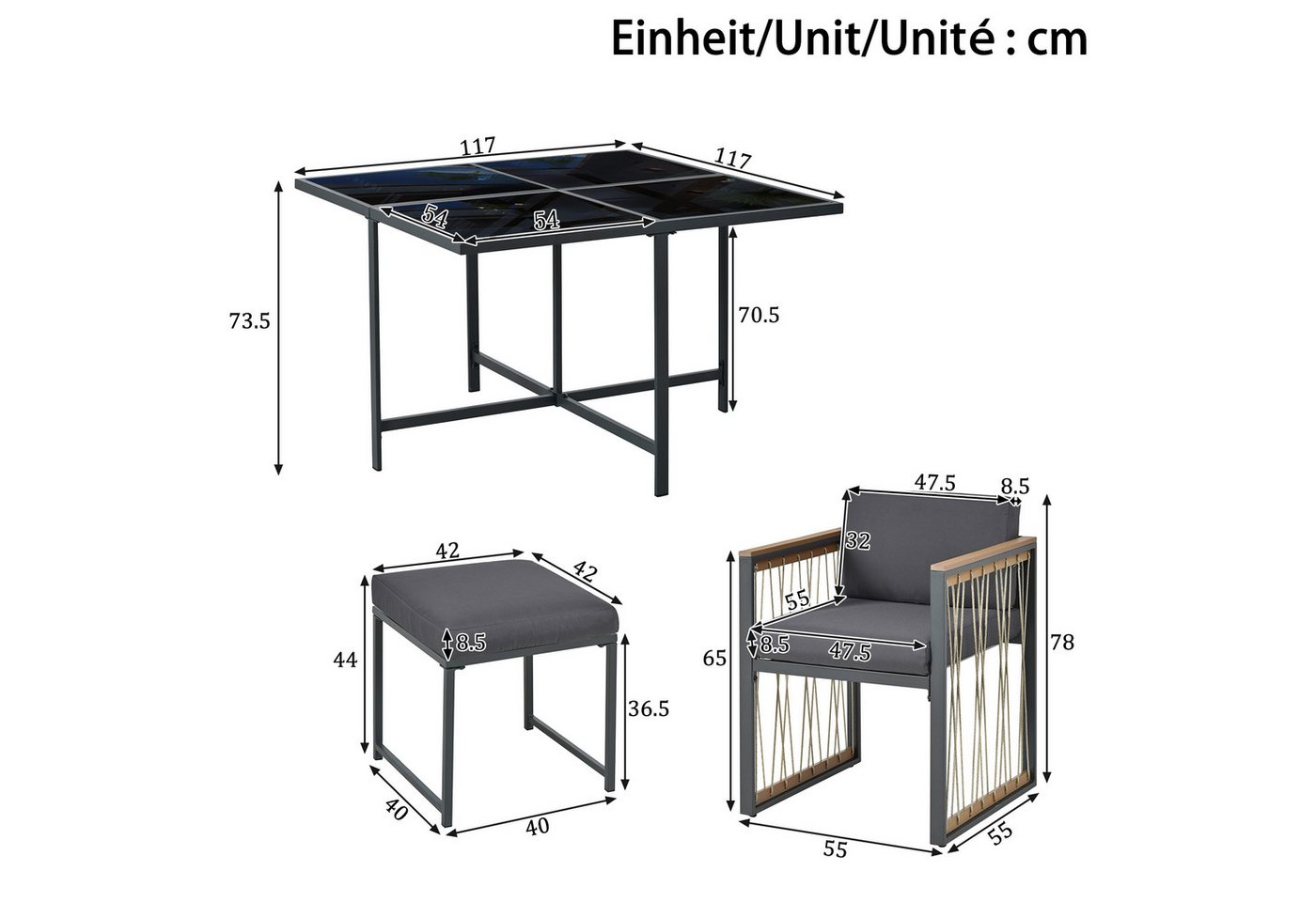 Celya Garten-Essgruppe 7-teiliges Esstisch- und Stuhlset für den Außenbereich für 6 Personen, (geeignet für Mahlzeiten im Hinterhof, Gartenterrasse), Tisch aus gehärtetem Glas, Handläufe aus Kunststoff und Holz