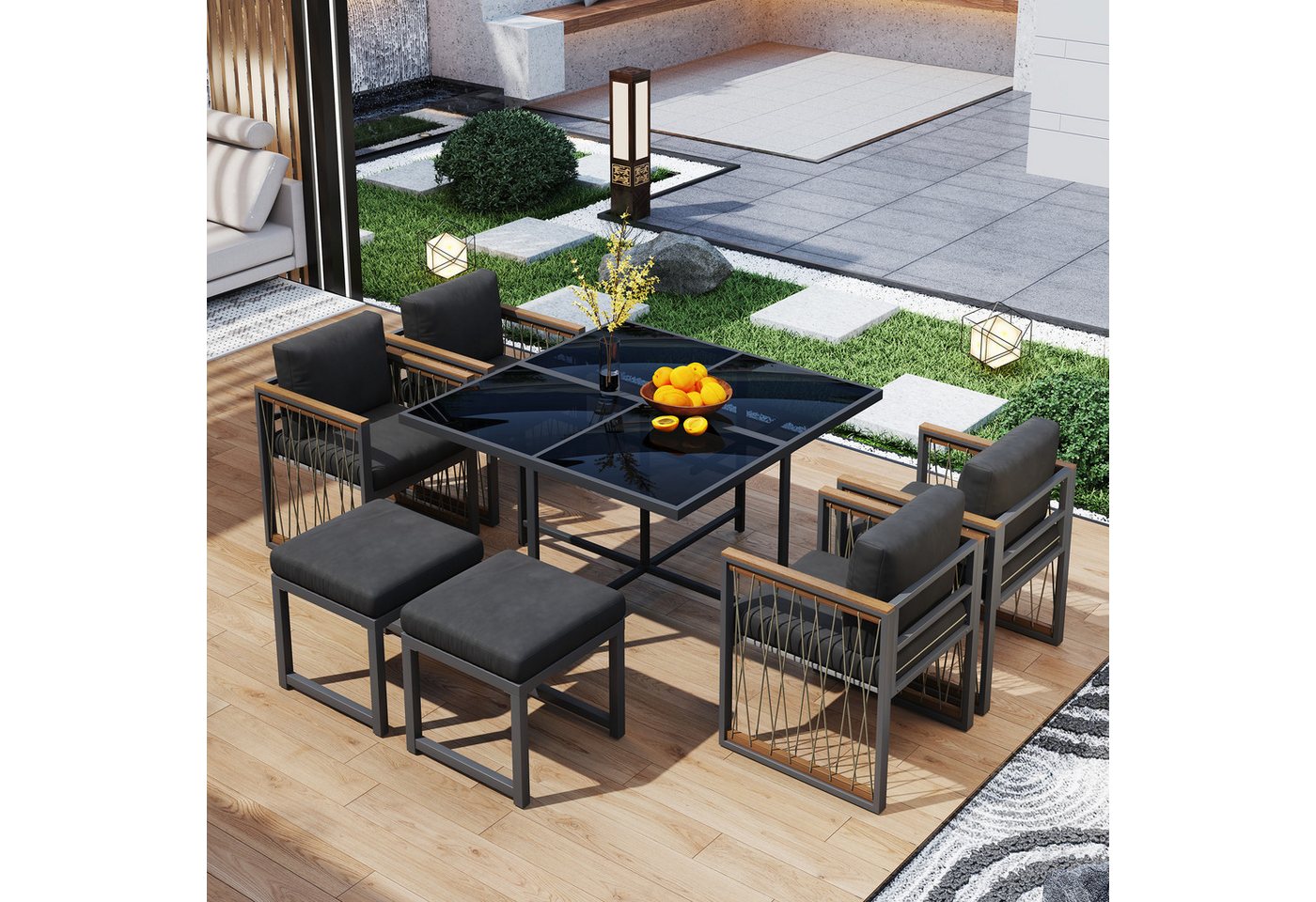 Celya Garten-Essgruppe 7-teiliges Esstisch- und Stuhlset für den Außenbereich für 6 Personen, (geeignet für Mahlzeiten im Hinterhof, Gartenterrasse), Tisch aus gehärtetem Glas, Handläufe aus Kunststoff und Holz Bild 4
