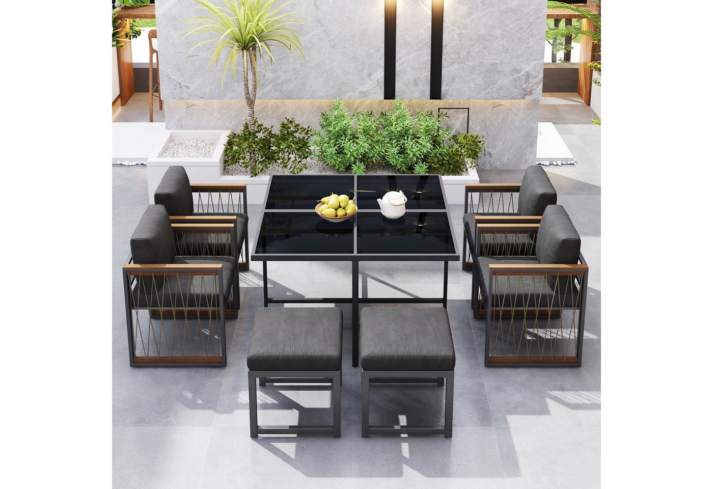 Celya Garten-Essgruppe 7-teiliges Esstisch- und Stuhlset für den Außenbereich für 6 Personen, (geeignet für Mahlzeiten im Hinterhof, Gartenterrasse), Tisch aus gehärtetem Glas, Handläufe aus Kunststoff und Holz Bild 5