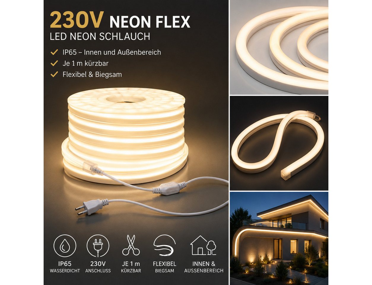 GTV LED Stripe 230V LED Neon Flex Lichtschlauch in Wunschlänge IP65 Innen & Außen, 230V LED Neon Flex IP65 Je 1 Meter kürzbar 15 × 8 mm 3000K WW