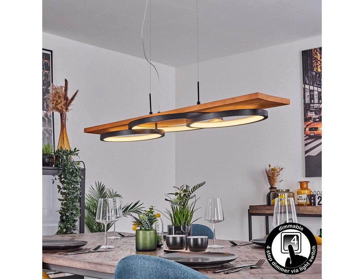hofstein Pendelleuchte »Palermo« Hängelampe aus Metall/Holz/Kunststoff in Natur/Schwarz, 3000 Kelvin, Höhe max. 151cm, dimmbar über Lichtschalter, 4700 Lumen, 1xLED 40 Watt Bild 2