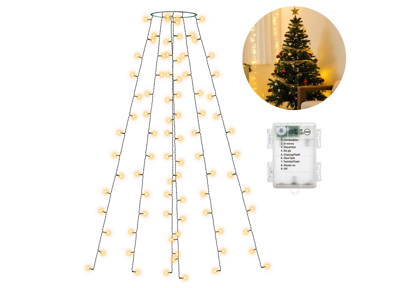 Aigostar LED-Lichtervorhang Lichterkette Weihnachtsbaum mit Batterie 1.8m Warmweiß, IP44, 8 Modi, Timerfunktion Bild 2