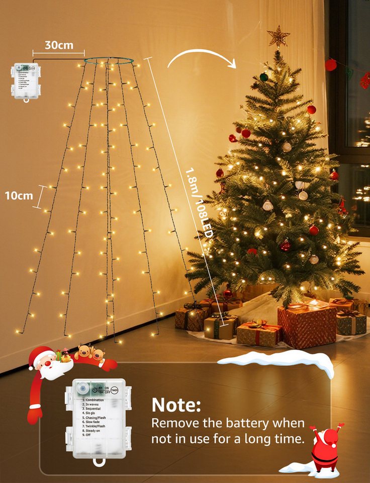 Aigostar LED-Lichtervorhang Lichterkette Weihnachtsbaum mit Batterie 1.8m Warmweiß, IP44, 8 Modi, Timerfunktion Bild 4