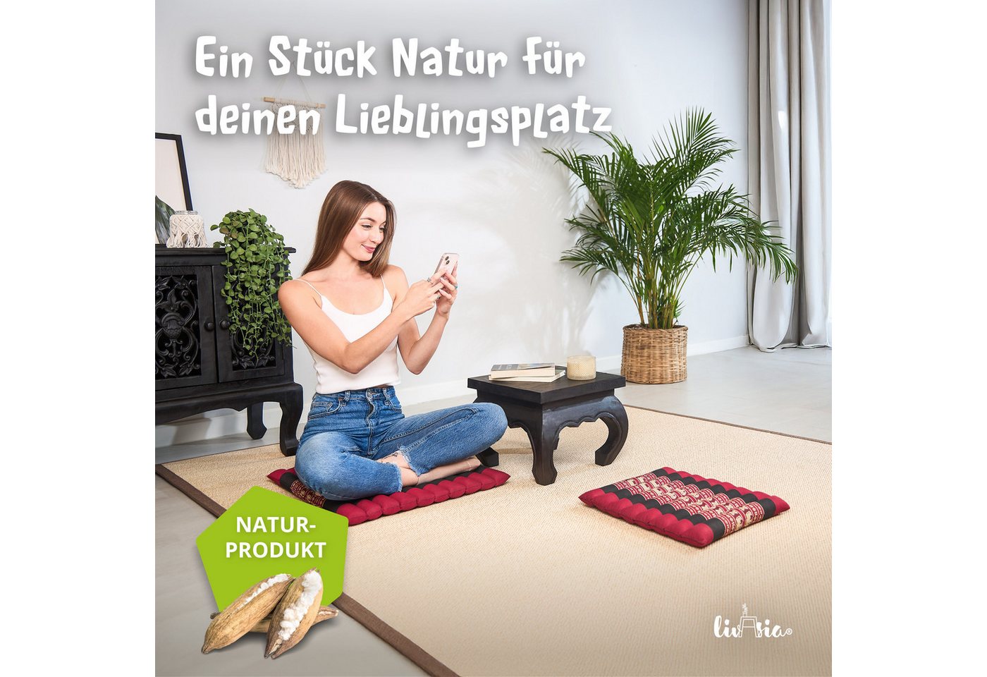 livasia Sitzkissen Steppkissen 50 cm, vegan und handgefertigt, 50x50x4,5cm, Kapok Bild 4