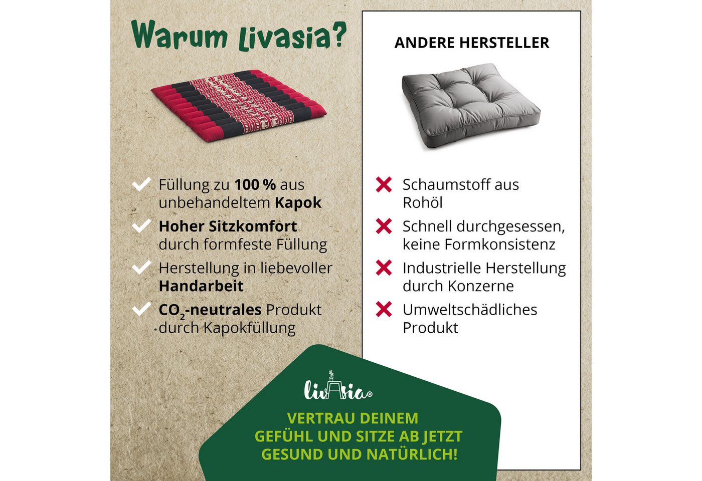 livasia Sitzkissen Steppkissen 50 cm, vegan und handgefertigt, 50x50x4,5cm, Kapok Bild 5