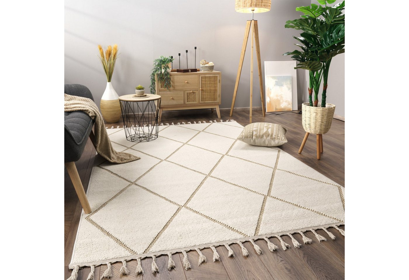 KADIMA DESIGN Teppich Geometrisch Wohnzimmer schmutzabweisend Teppich Kurzflor, Rechteckig, Höhe: 11 mm, Florhöhe: 7 mm, 100% Polypropylen, Rechteckig, 120x160cm, Beige Bild 3