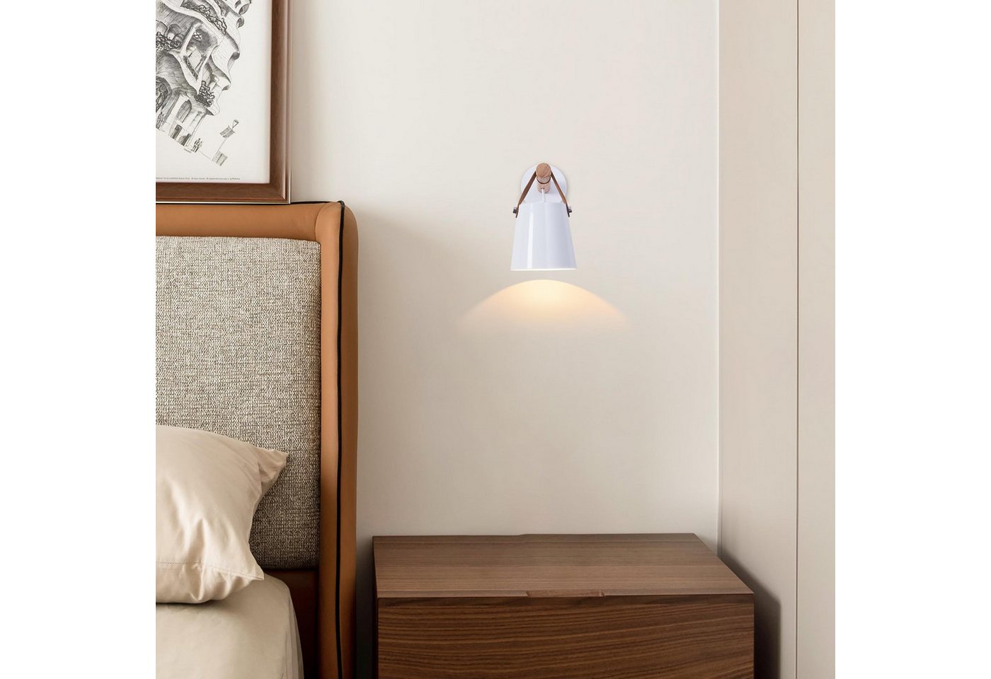 Riserva Wandleuchte Moderne Wandlampe mit Holz & Lederriemen, 2er-Set, E27, Weiß, 13x13cm