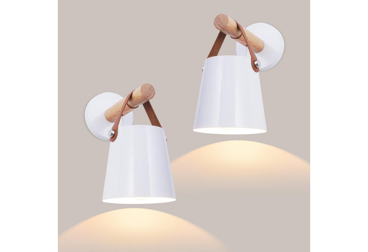 Riserva Wandleuchte Moderne Wandlampe mit Holz & Lederriemen, 2er-Set, E27, Weiß, 13x13cm Bild 3