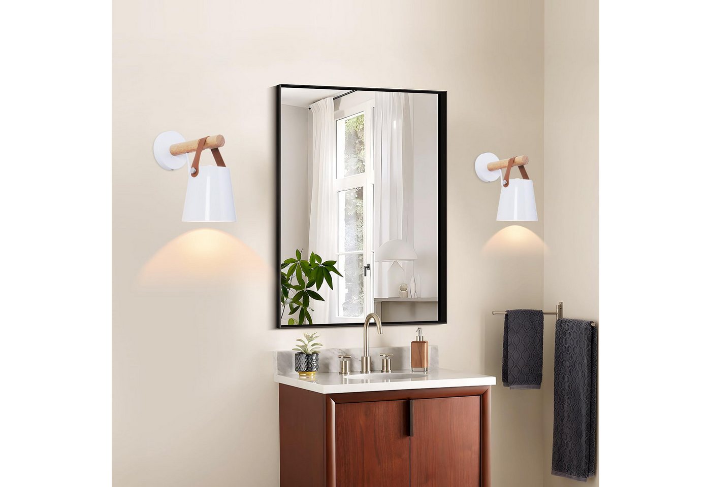 Riserva Wandleuchte Moderne Wandlampe mit Holz & Lederriemen, 2er-Set, E27, Weiß, 13x13cm Bild 4
