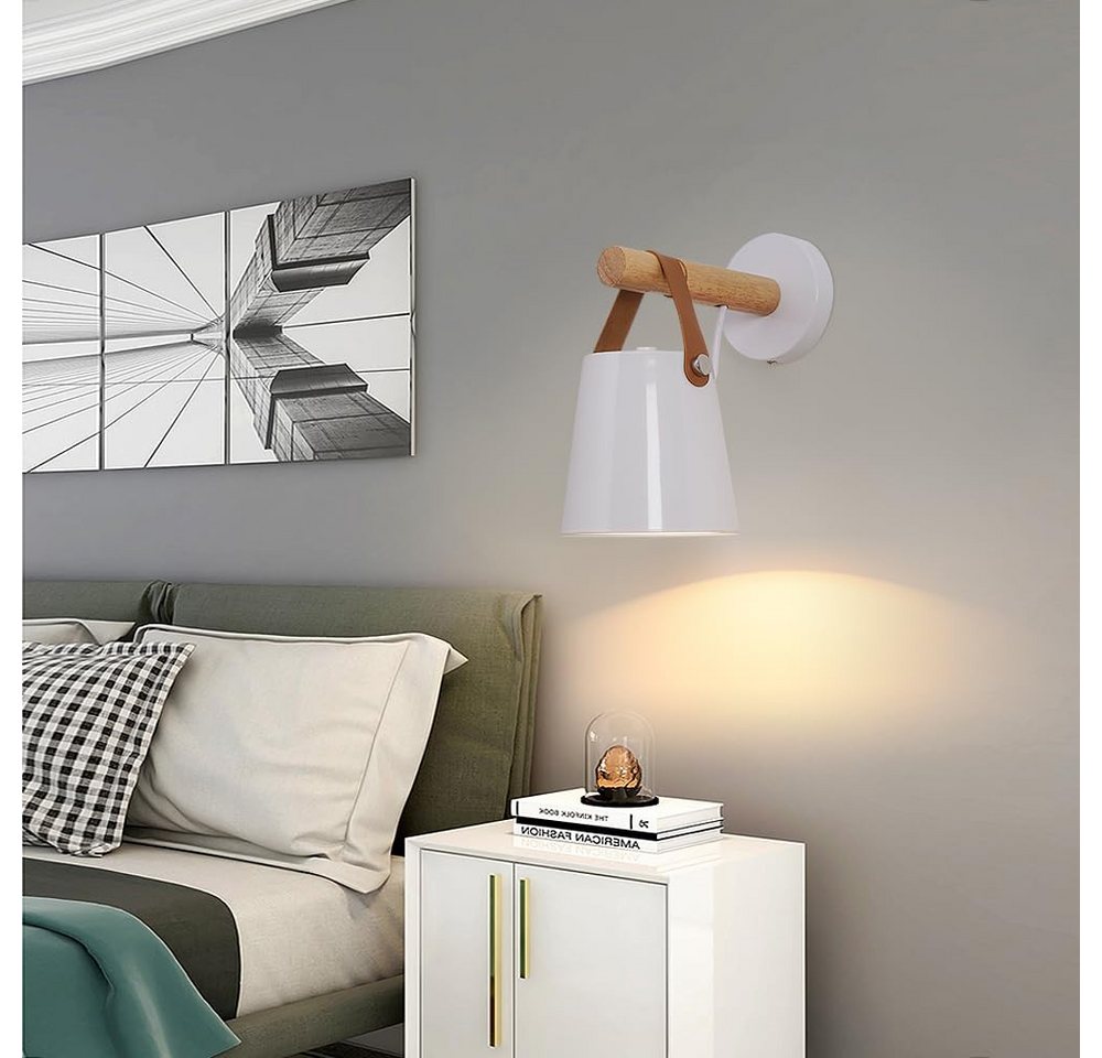 Riserva Wandleuchte Moderne Wandlampe mit Holz & Lederriemen, 2er-Set, E27, Weiß, 13x13cm Bild 5