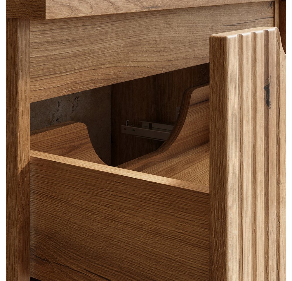 Lomadox Badmöbel-Set NEWPORT-56-EVOKE, (Spar-Set, 2-St., Waschtischunterschrank Hochschrank), in Eiche mit gerillter Front