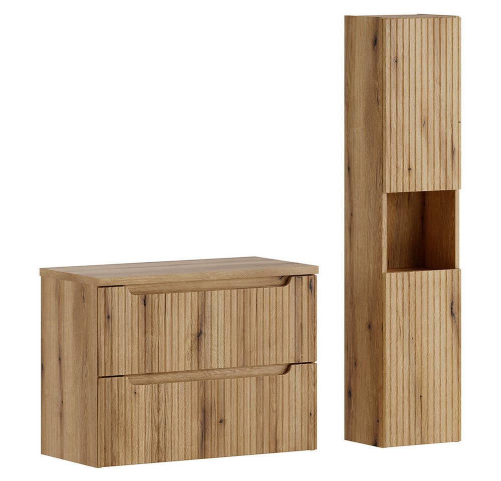 Lomadox Badmöbel-Set NEWPORT-56-EVOKE, (Spar-Set, 2-St., Waschtischunterschrank Hochschrank), in Eiche mit gerillter Front Bild 3