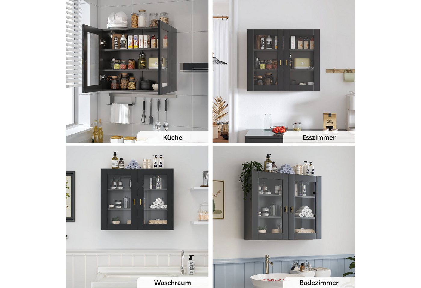 radelldar Hängeschrank Küchenhängeschränke mit 2 Glastüren, 70 x 60 x 23 cm, (1-St) Schwarz