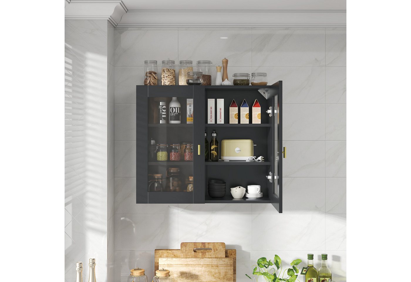 radelldar Hängeschrank Küchenhängeschränke mit 2 Glastüren, 70 x 60 x 23 cm, (1-St) Schwarz Bild 2