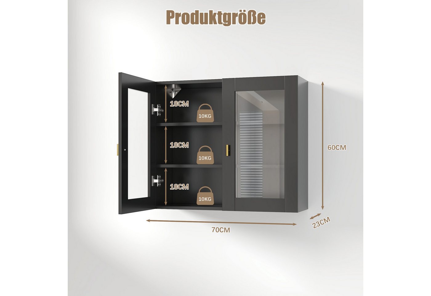 radelldar Hängeschrank Küchenhängeschränke mit 2 Glastüren, 70 x 60 x 23 cm, (1-St) Schwarz Bild 3