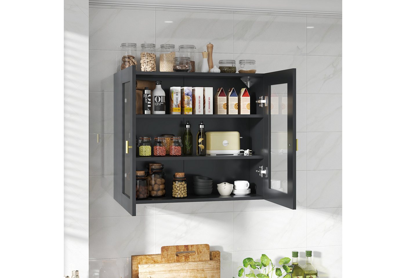 radelldar Hängeschrank Küchenhängeschränke mit 2 Glastüren, 70 x 60 x 23 cm, (1-St) Schwarz Bild 4