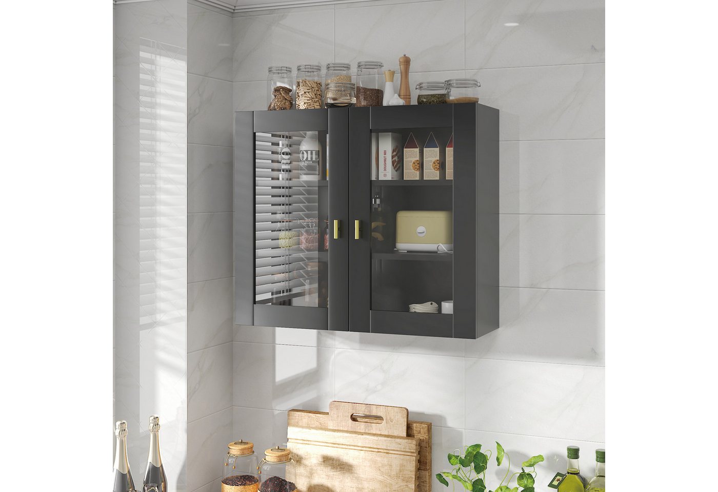 radelldar Hängeschrank Küchenhängeschränke mit 2 Glastüren, 70 x 60 x 23 cm, (1-St) Schwarz Bild 5
