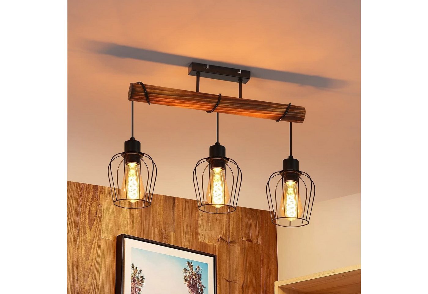 Nettlife Deckenleuchte Holz 2/3/4 flammig Retro Schwarz Deckenlampe E27 Industrial, Höhenverstellbar, LED wechselbar, Flur Wohnzimmer Schlafzimmer Bild 2