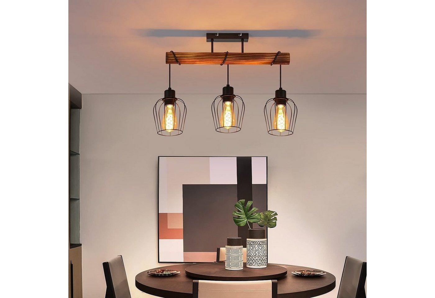 Nettlife Deckenleuchte Holz 2/3/4 flammig Retro Schwarz Deckenlampe E27 Industrial, Höhenverstellbar, LED wechselbar, Flur Wohnzimmer Schlafzimmer Bild 3