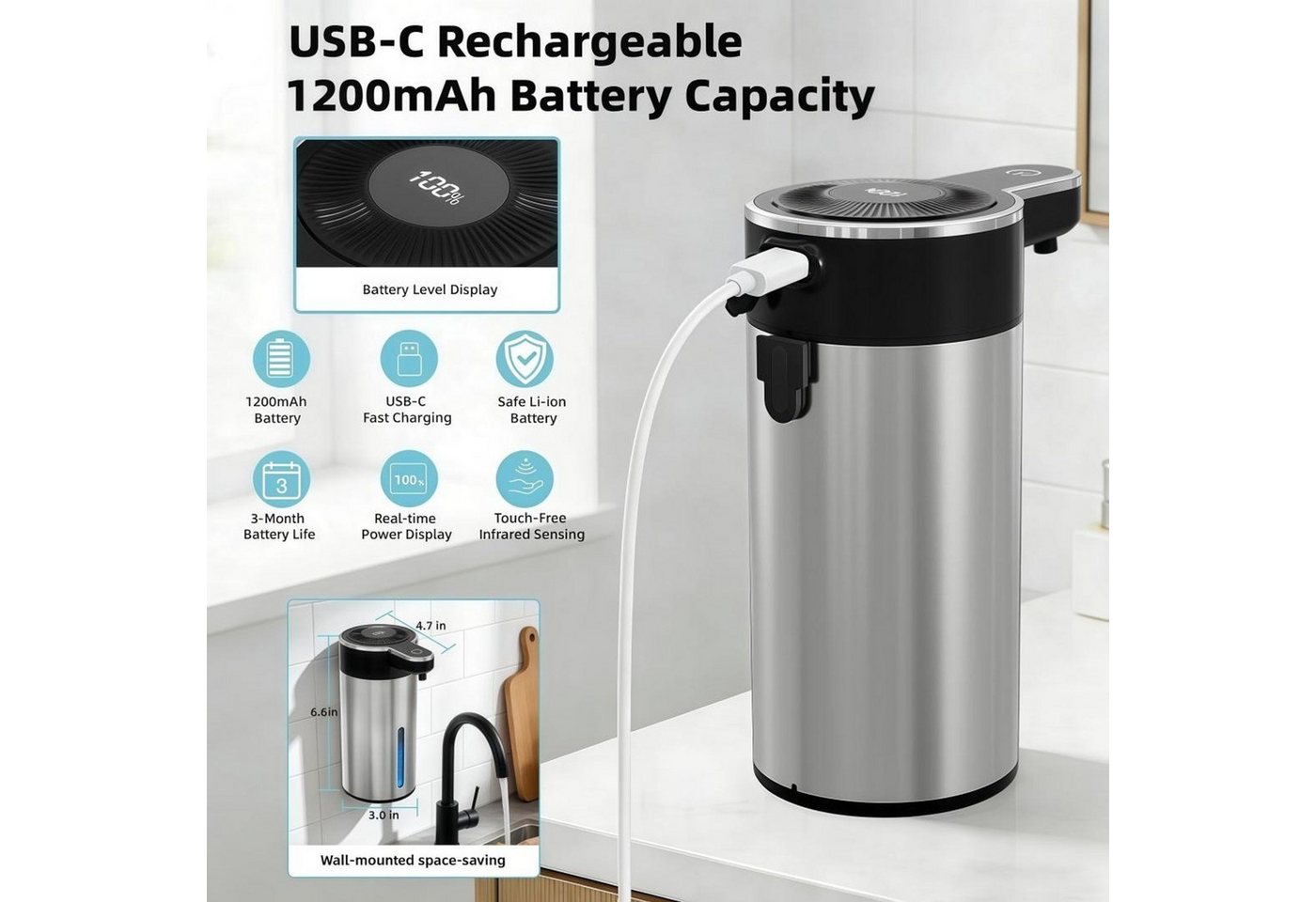 FELIXLEO Seifenspender Seifenspender Automatischer Sensor 4 Stufen 400ml LCD Edelstahl