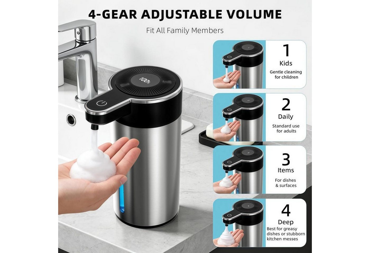 FELIXLEO Seifenspender Seifenspender Automatischer Sensor 4 Stufen 400ml LCD Edelstahl Bild 2