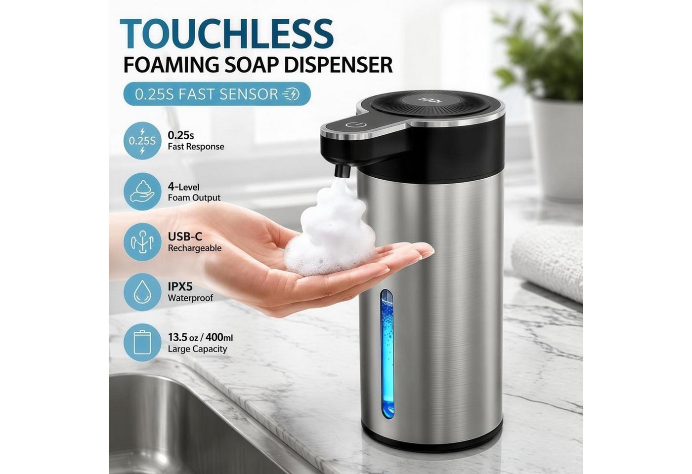 FELIXLEO Seifenspender Seifenspender Automatischer Sensor 4 Stufen 400ml LCD Edelstahl Bild 4