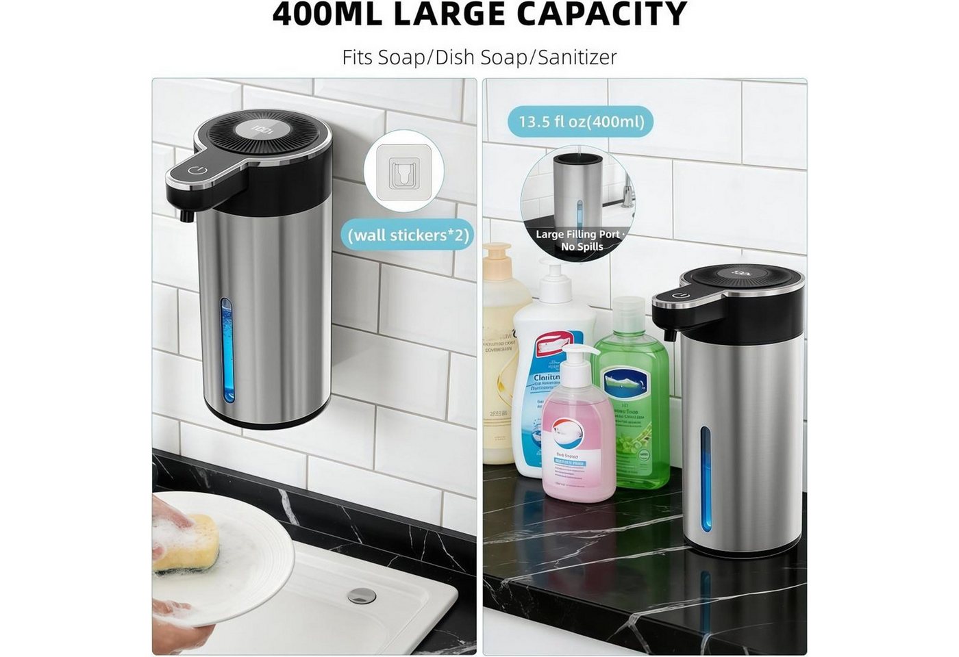 FELIXLEO Seifenspender Seifenspender Automatischer Sensor 4 Stufen 400ml LCD Edelstahl Bild 5