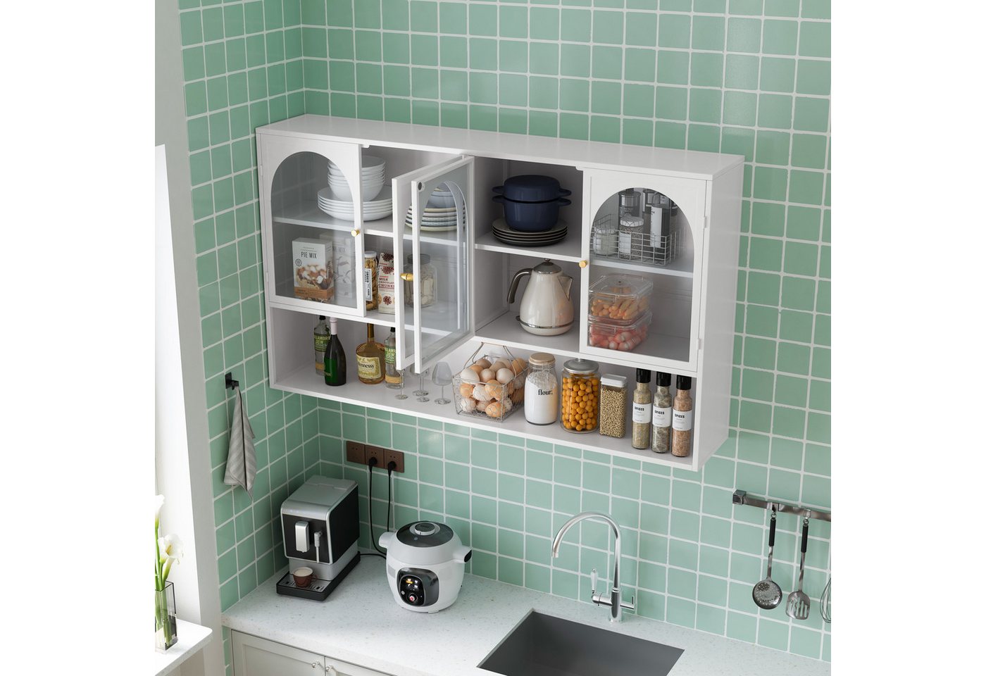 Celya Wandhängeschrank 120 cm vier Türen Glas Wandschrank Aufbewahrung, Wandmontage, geeignet für Küche, Wohnzimmer, Badezimmer, Weiß