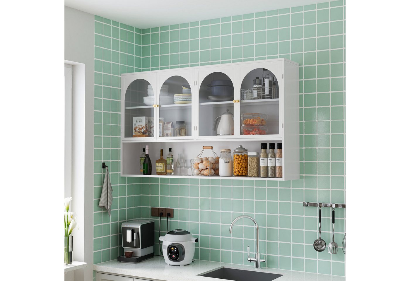 Celya Wandhängeschrank 120 cm vier Türen Glas Wandschrank Aufbewahrung, Wandmontage, geeignet für Küche, Wohnzimmer, Badezimmer, Weiß Bild 2